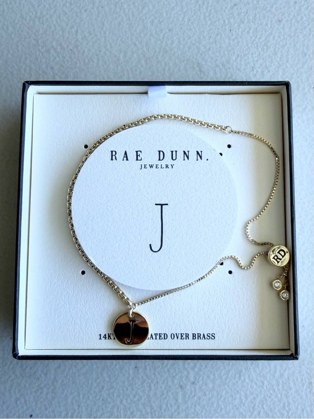 Rae Dunn “J” initial charm Adjustable Chain Bracelet 14KT Gold Plated Over Brass